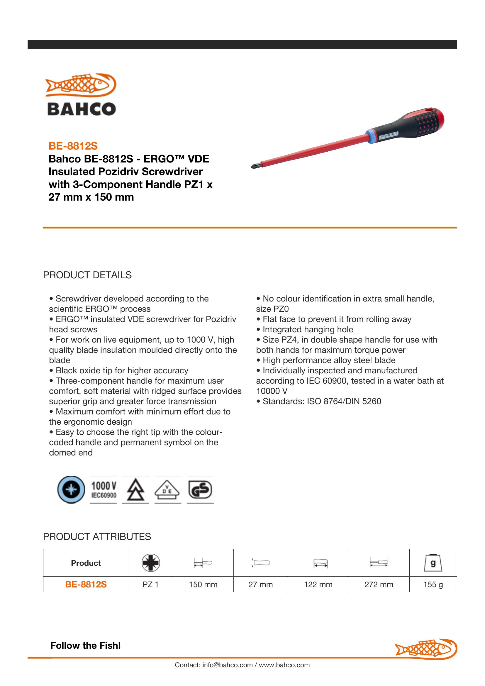 Bahco ERGO handled Screwdriver, insulated to 1000V, Pozidriv PZ1 - Image 5
