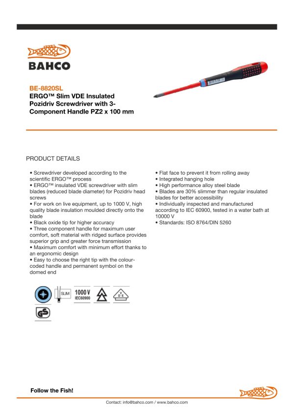 Bahco ERGO handled Slim Line 1000v insulated screwdriver - Pozidriv PZ2 -blade length 100mm - Image 3