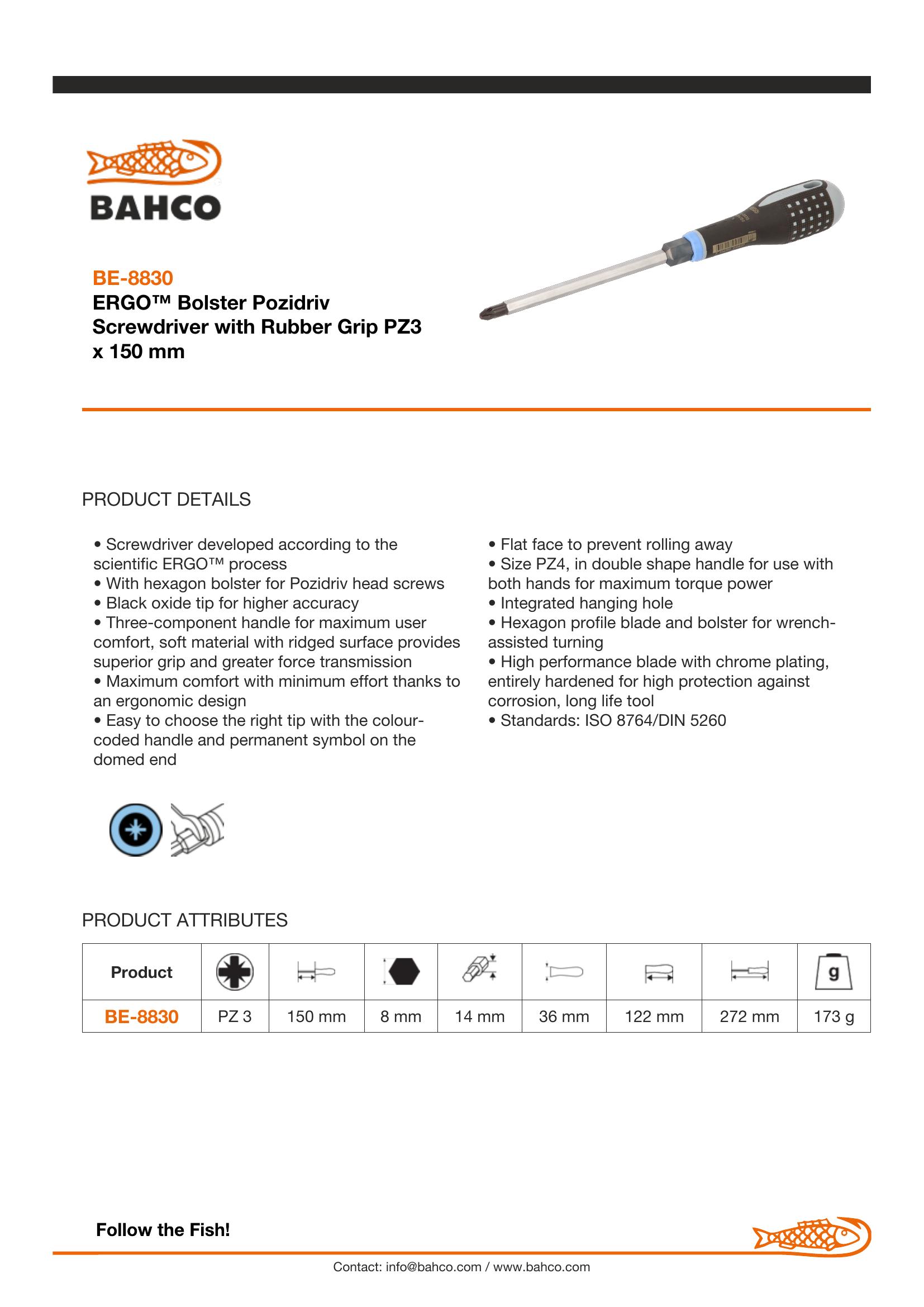 Bahco ERGO handled Screwdriver, pozidriv, 272mm, blade 150mm, No. 3 - Image 5