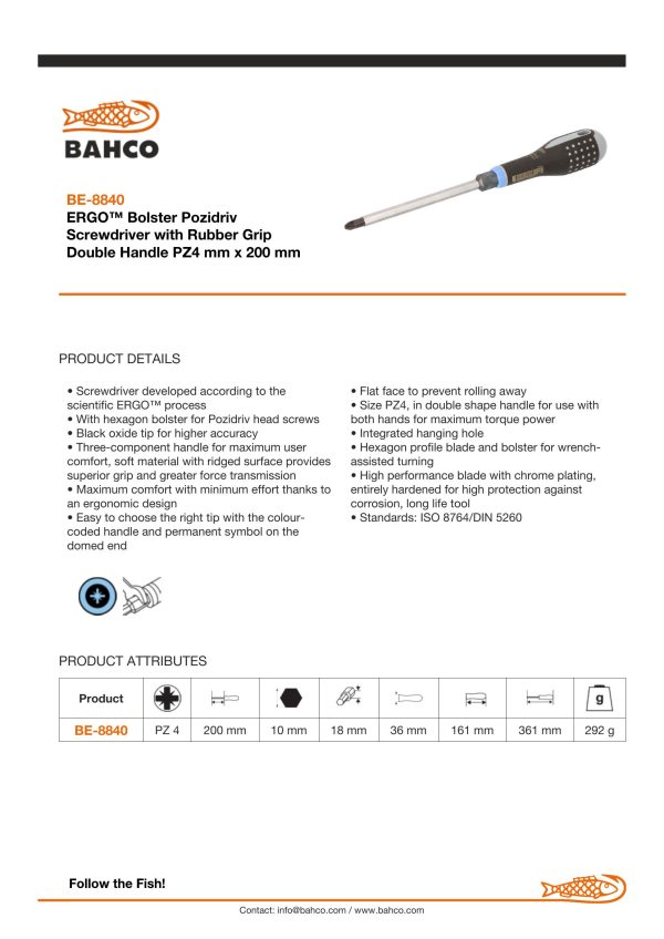 Bahco ERGO handled Screwdriver, pozidriv, 361mm, blade 200mm, No. 4 - Image 5