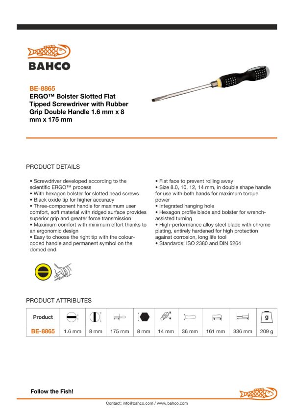 Bahco ERGO handled Screwdriver, slotted head, square shank, flat tip, 336mm, blade 175mm, tip 8.0mm. - Image 4