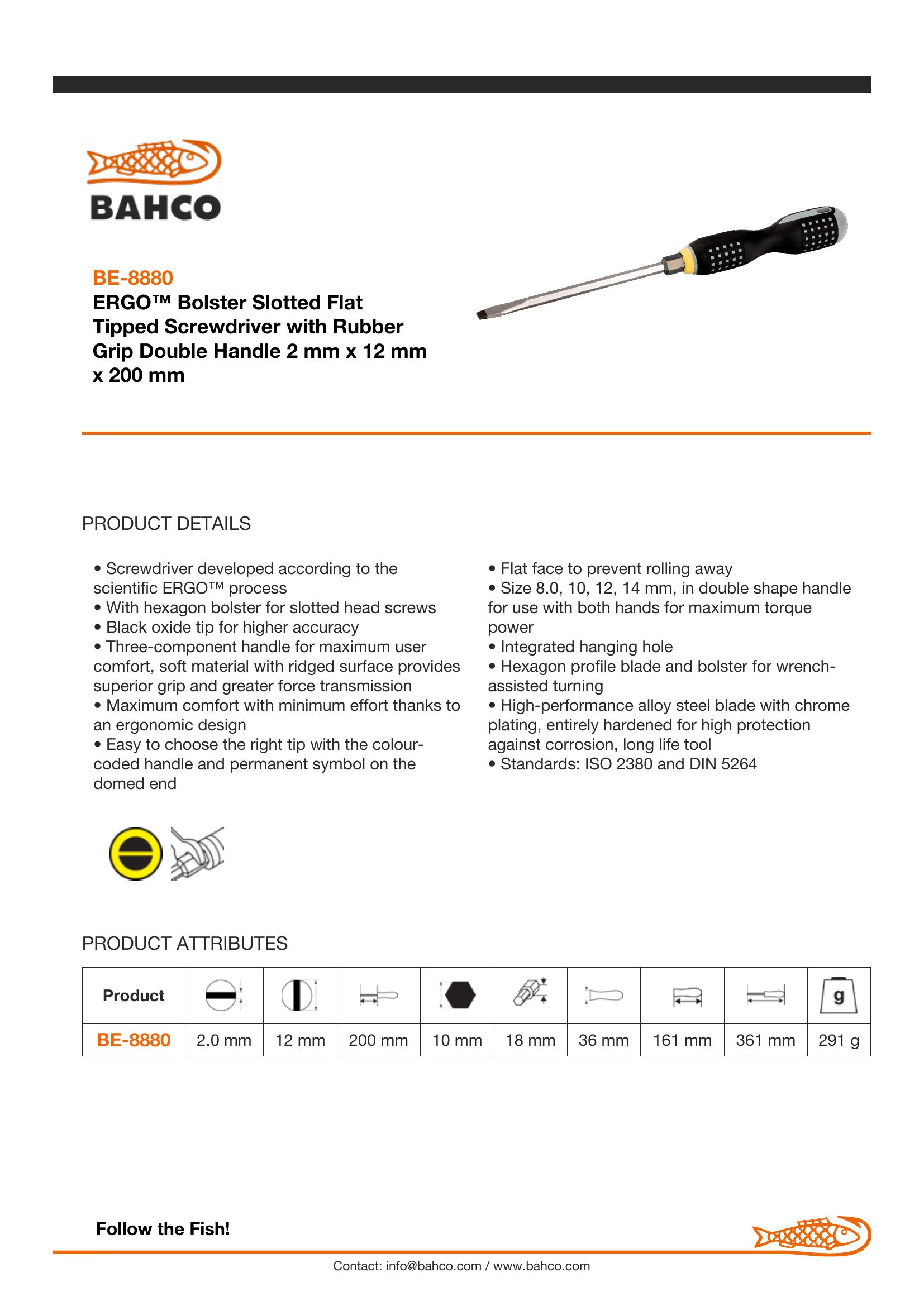 Bahco ERGO handled Screwdriver, slotted head, square shank, flat tip, 361mm, blade 200mm, tip 12.0mm. - Image 4