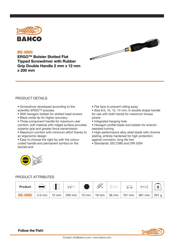Bahco ERGO handled Screwdriver, slotted head, square shank, flat tip, 361mm, blade 200mm, tip 12.0mm. - Image 4
