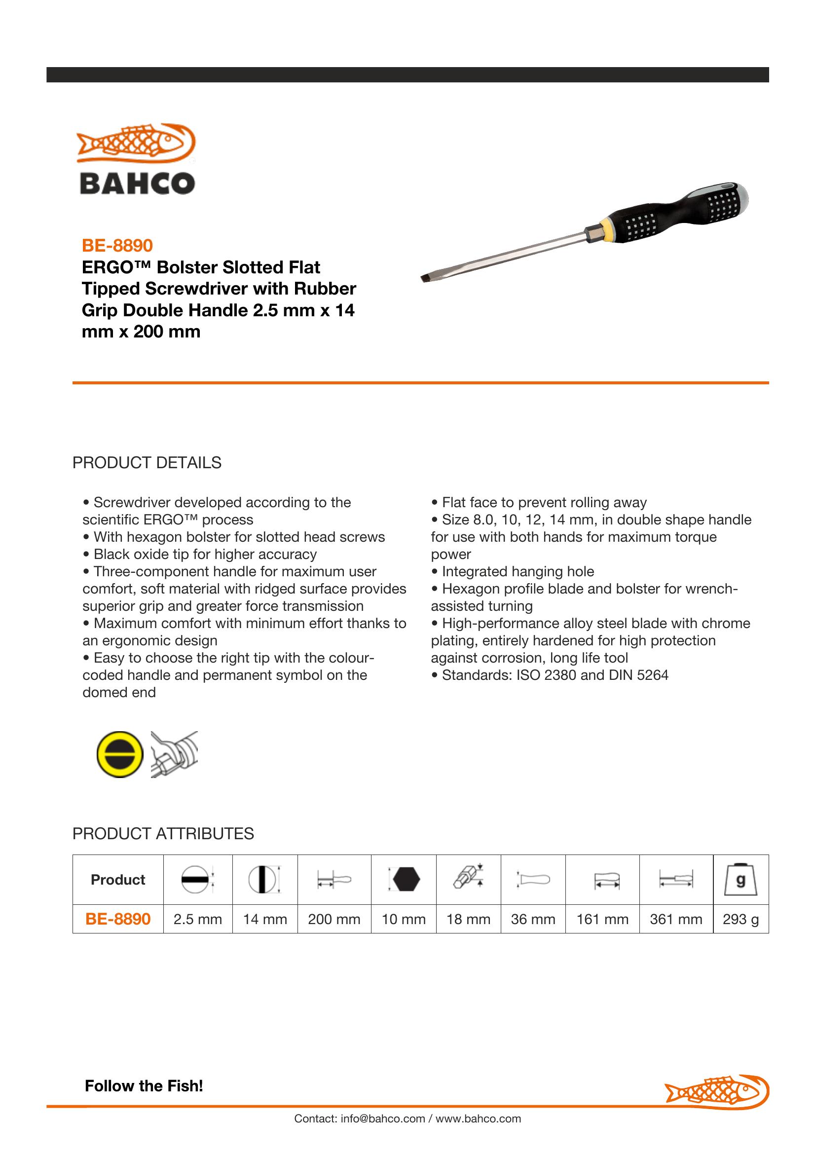 Bahco ERGO handled Screwdriver, slotted head, square shank, flat tip, 361mm, blade 200mm, tip 14.0mm. - Image 4
