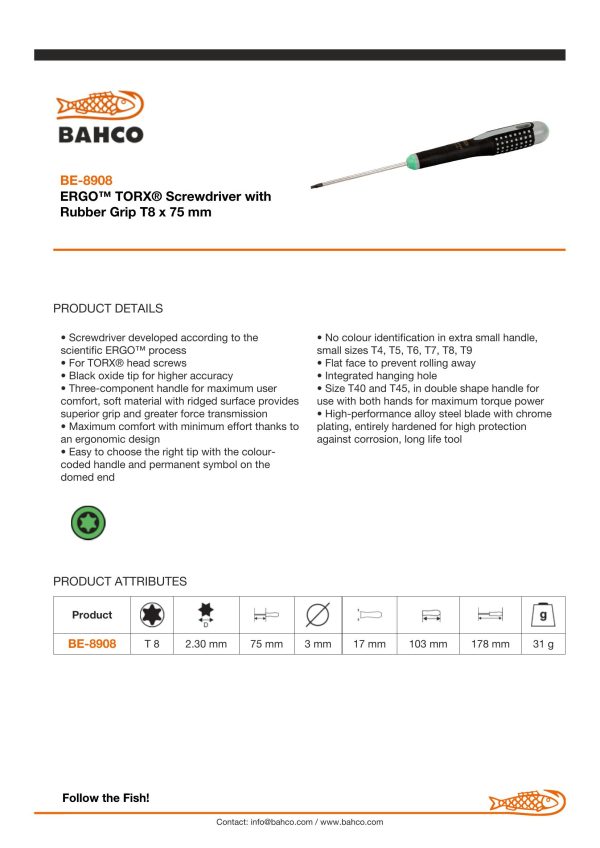 Bahco ERGO handled Screwdriver. TORX, 197mm, blade 75mm, T8 tip - Image 3