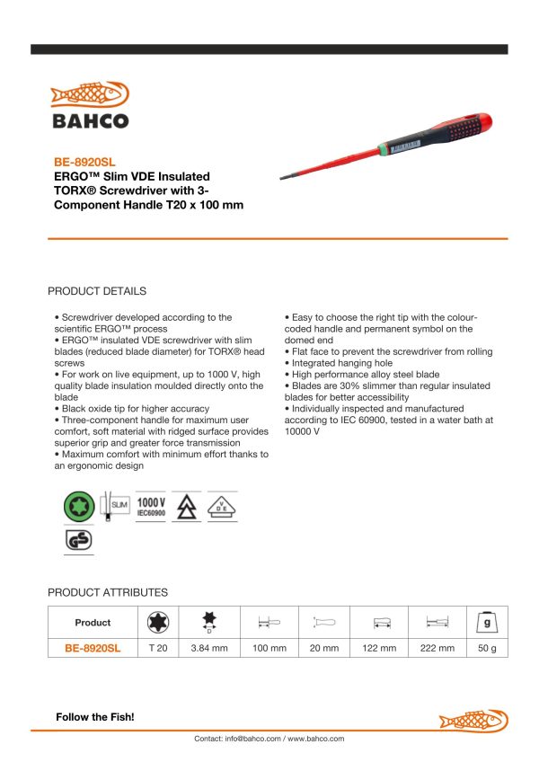 Bahco ERGO handled Slim Line 1000v insulated screwdriver - T20 - blade length 100mm - Image 4