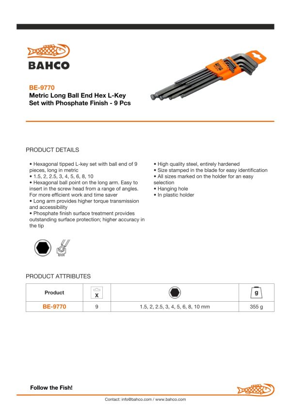 Bahco Metric Long Ball End Hex L-Key Set with Phosphate Finish 1.5 mm-10 mm - 9 Pcs - Image 3