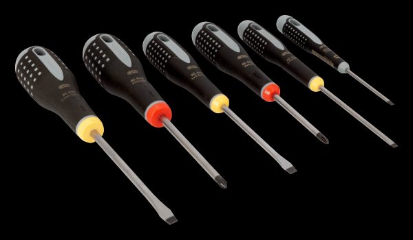 Bahco ERGO handled 6 piece Screwdriver Set. Set contains: 4 Slotted & 2 Phillips Head