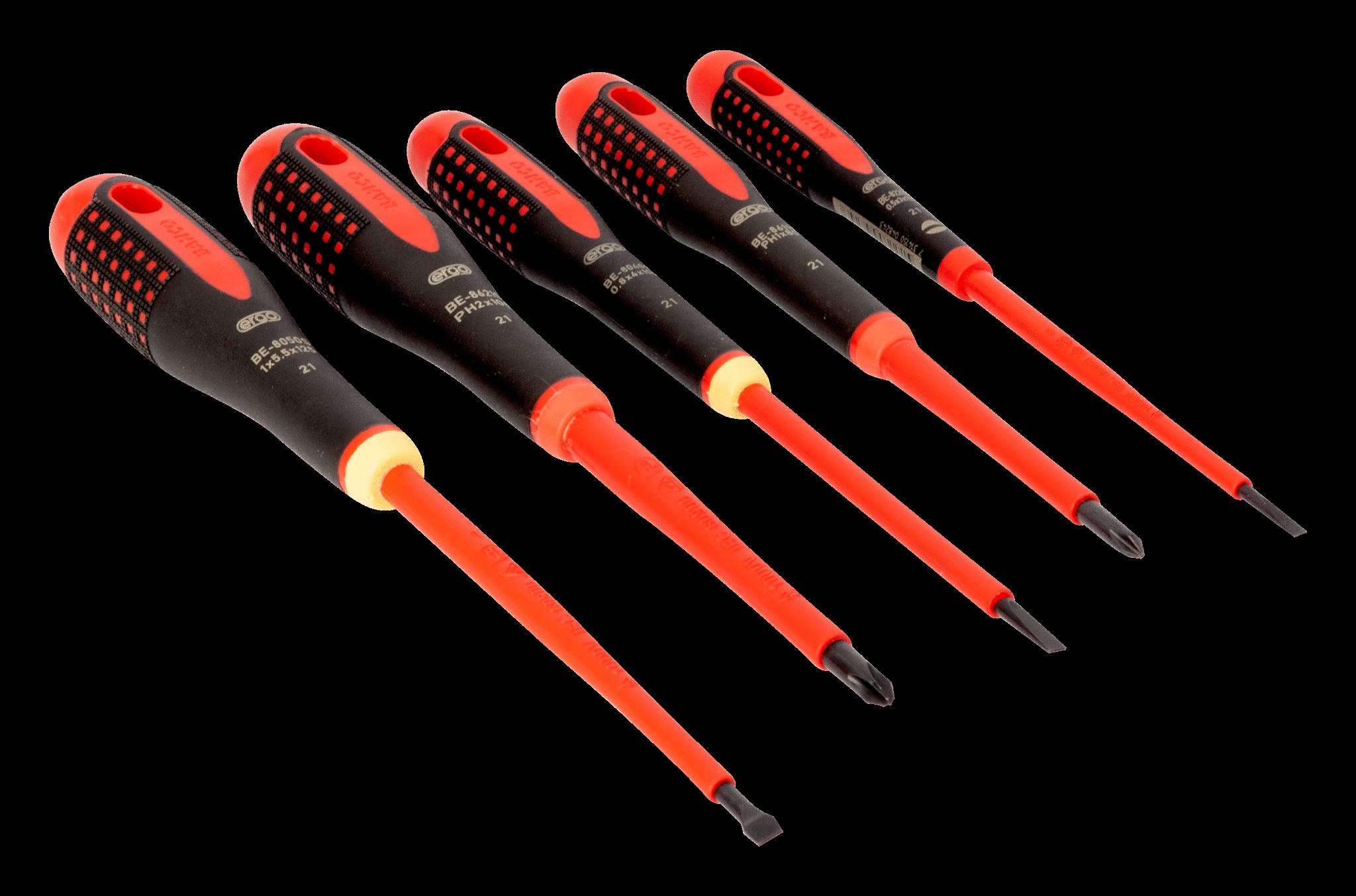 Bahco ERGO handled 5 piece 1000V Screwdriver Set. Set contains:3 x Slotted & 2 x Phillips