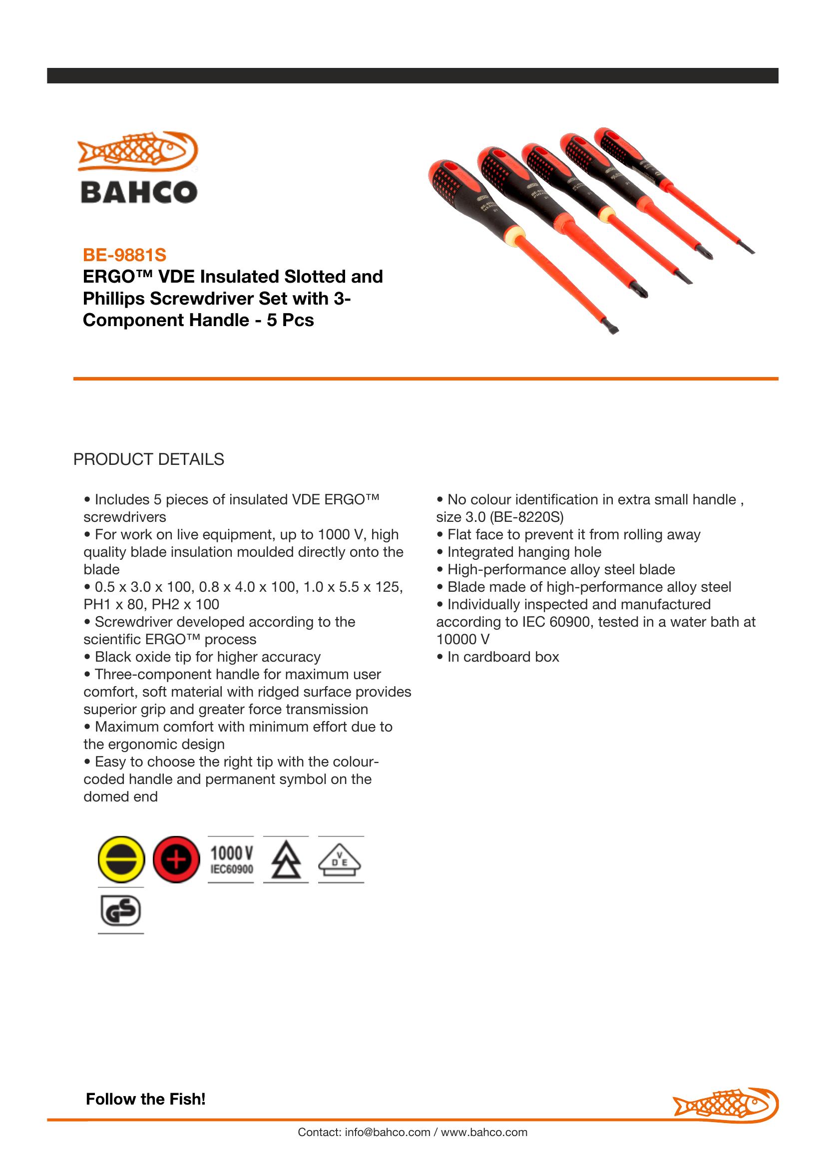 Bahco ERGO handled 5 piece 1000V Screwdriver Set. Set contains:3 x Slotted & 2 x Phillips - Image 5