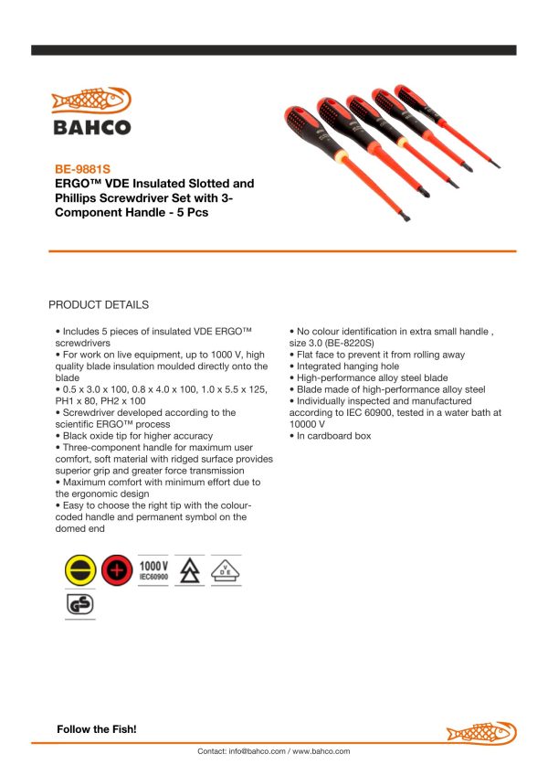 Bahco ERGO handled 5 piece 1000V Screwdriver Set. Set contains:3 x Slotted & 2 x Phillips - Image 5