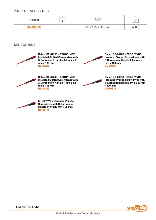 Bahco ERGO handled 5 piece 1000V Screwdriver Set. Set contains:3 x Slotted & 2 x Phillips - Image 6