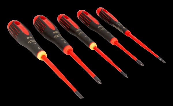 Bahco 5 pce Slim Line 1000v insulated screwdriver set. 3 x slotted - 0.5x3.0 x 75, 0.8 x 4.0 x 100, 1.0 x 5.5 x 125 2 x Phillips Head PH1 x 80, PH 2 x 100