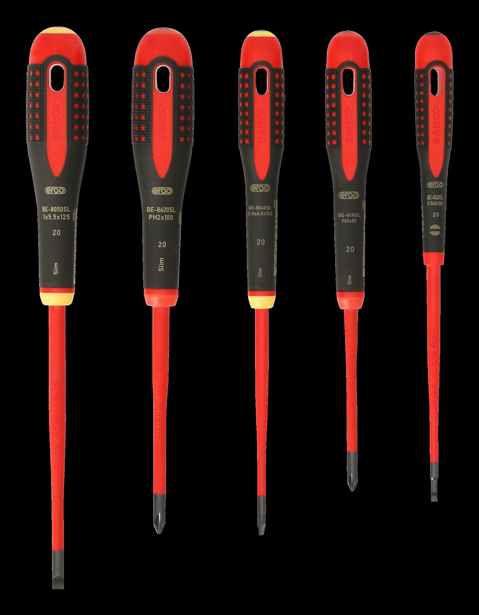 Bahco 5 pce Slim Line 1000v insulated screwdriver set. 3 x slotted - 0.5x3.0 x 75, 0.8 x 4.0 x 100, 1.0 x 5.5 x 125 2 x Phillips Head PH1 x 80, PH 2 x 100 - Image 2
