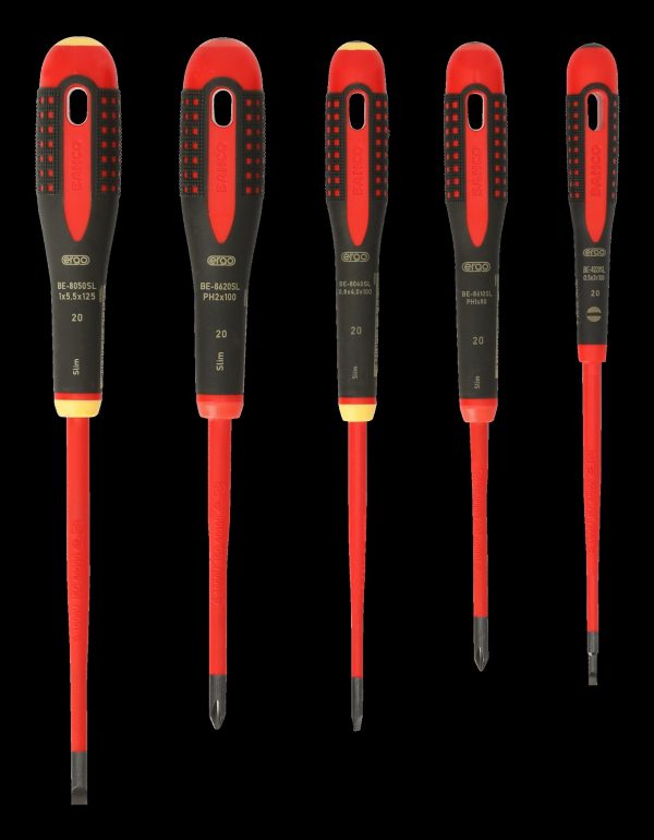 Bahco 5 pce Slim Line 1000v insulated screwdriver set. 3 x slotted - 0.5x3.0 x 75, 0.8 x 4.0 x 100, 1.0 x 5.5 x 125 2 x Phillips Head PH1 x 80, PH 2 x 100 - Image 2