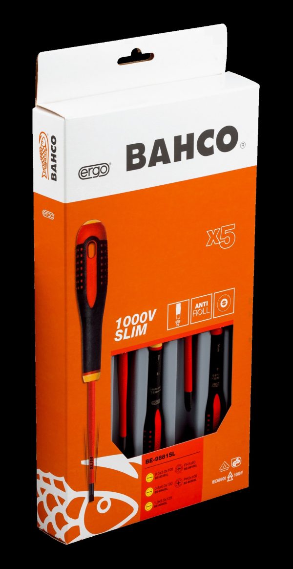 Bahco 5 pce Slim Line 1000v insulated screwdriver set. 3 x slotted - 0.5x3.0 x 75, 0.8 x 4.0 x 100, 1.0 x 5.5 x 125 2 x Phillips Head PH1 x 80, PH 2 x 100 - Image 3