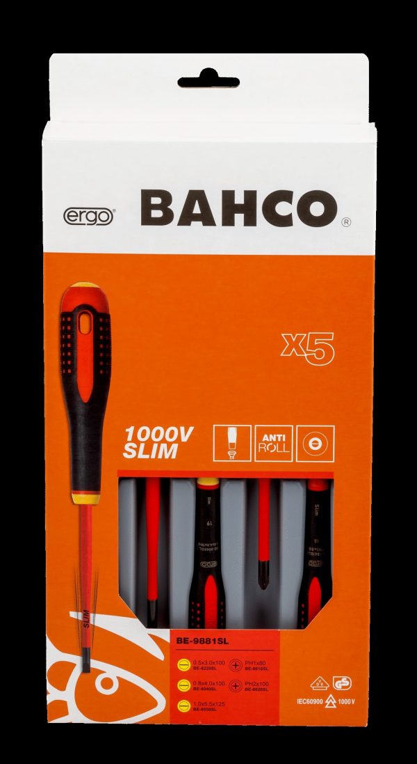 Bahco 5 pce Slim Line 1000v insulated screwdriver set. 3 x slotted - 0.5x3.0 x 75, 0.8 x 4.0 x 100, 1.0 x 5.5 x 125 2 x Phillips Head PH1 x 80, PH 2 x 100 - Image 4