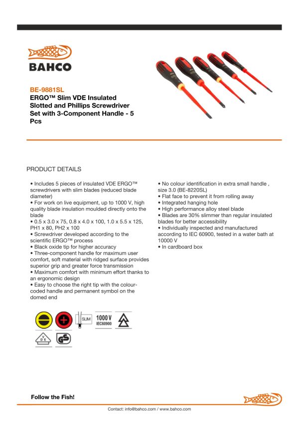 Bahco 5 pce Slim Line 1000v insulated screwdriver set. 3 x slotted - 0.5x3.0 x 75, 0.8 x 4.0 x 100, 1.0 x 5.5 x 125 2 x Phillips Head PH1 x 80, PH 2 x 100 - Image 5