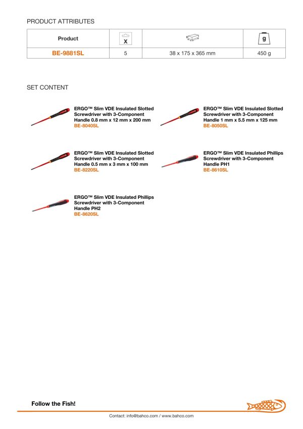 Bahco 5 pce Slim Line 1000v insulated screwdriver set. 3 x slotted - 0.5x3.0 x 75, 0.8 x 4.0 x 100, 1.0 x 5.5 x 125 2 x Phillips Head PH1 x 80, PH 2 x 100 - Image 6