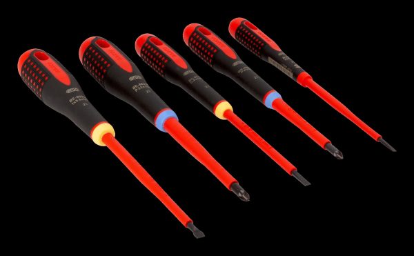 Bahco ERGO handled 5 piece 1000V Screwdriver Set. Set contains:3 x Slotted & 2 x Phillips