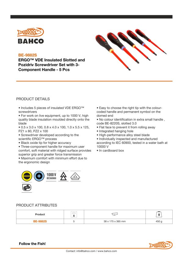 Bahco ERGO handled 5 piece 1000V Screwdriver Set. Set contains:3 x Slotted & 2 x Phillips - Image 5