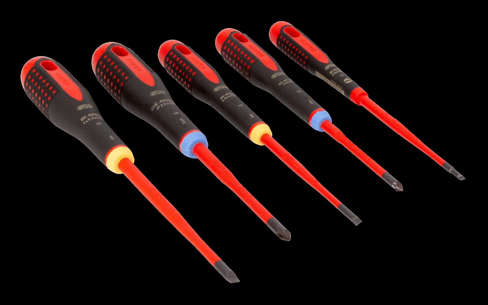 Bahco 5 pce Slim Line 1000v insulated screwdriver set. 3 x slotted - 0.5x3.0 x 75, 0.8 x 4.0 x 100, 1.0 x 5.5 x 125 2 x Pozidriv PZ 1 x 80, PZ 2 x 100