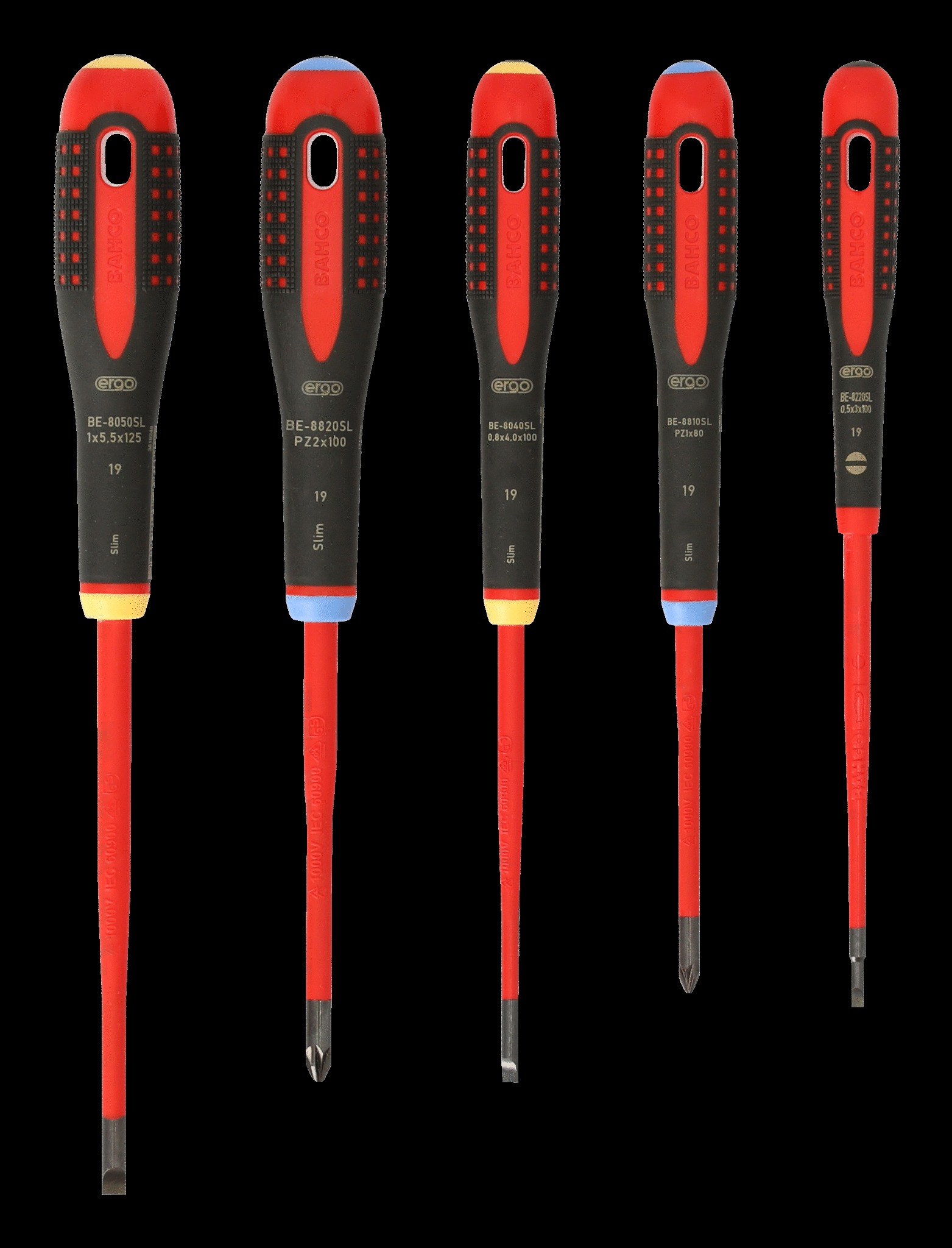 Bahco 5 pce Slim Line 1000v insulated screwdriver set. 3 x slotted - 0.5x3.0 x 75, 0.8 x 4.0 x 100, 1.0 x 5.5 x 125 2 x Pozidriv PZ 1 x 80, PZ 2 x 100 - Image 2
