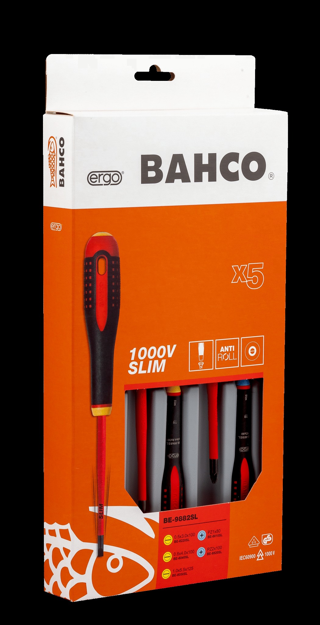 Bahco 5 pce Slim Line 1000v insulated screwdriver set. 3 x slotted - 0.5x3.0 x 75, 0.8 x 4.0 x 100, 1.0 x 5.5 x 125 2 x Pozidriv PZ 1 x 80, PZ 2 x 100 - Image 3