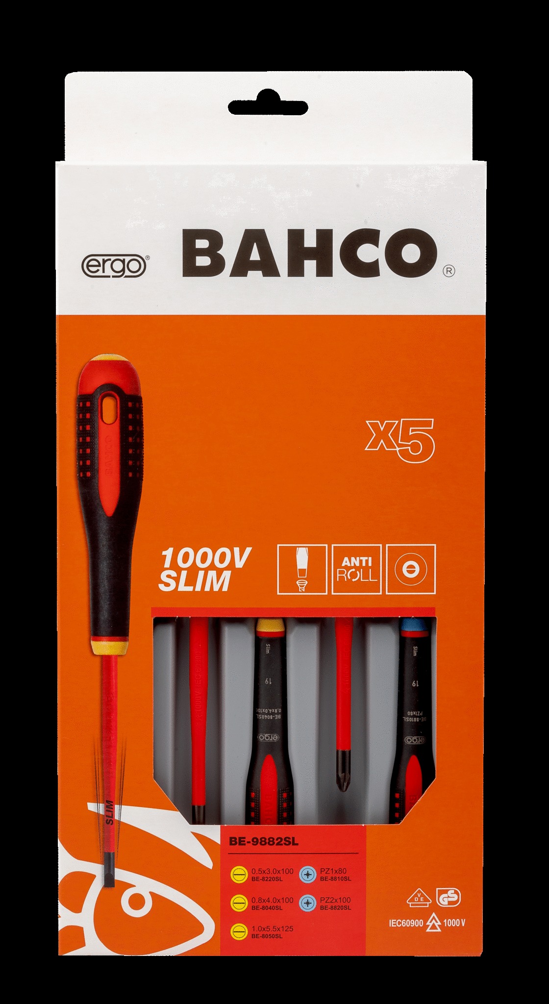 Bahco 5 pce Slim Line 1000v insulated screwdriver set. 3 x slotted - 0.5x3.0 x 75, 0.8 x 4.0 x 100, 1.0 x 5.5 x 125 2 x Pozidriv PZ 1 x 80, PZ 2 x 100 - Image 4