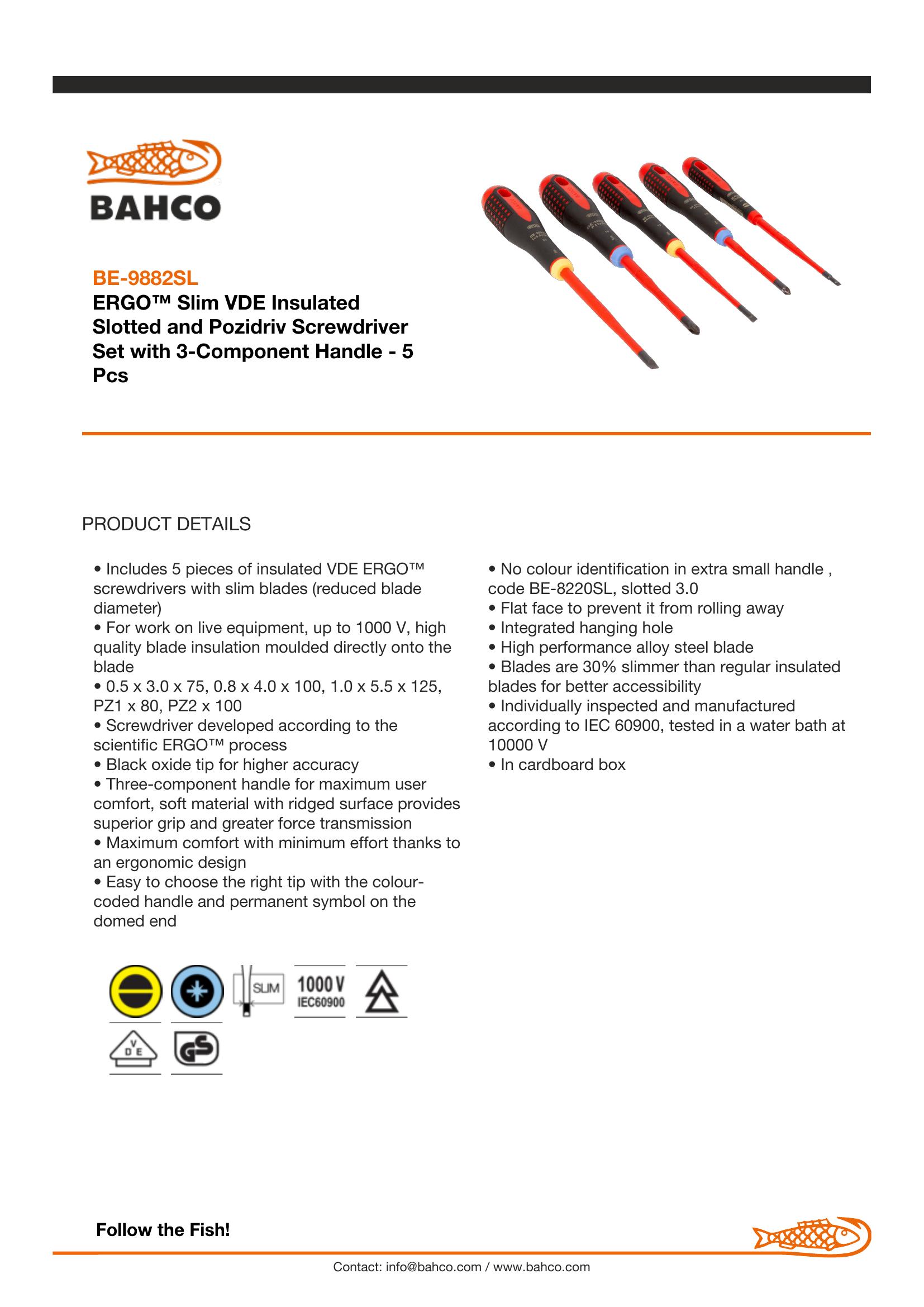 Bahco 5 pce Slim Line 1000v insulated screwdriver set. 3 x slotted - 0.5x3.0 x 75, 0.8 x 4.0 x 100, 1.0 x 5.5 x 125 2 x Pozidriv PZ 1 x 80, PZ 2 x 100 - Image 5