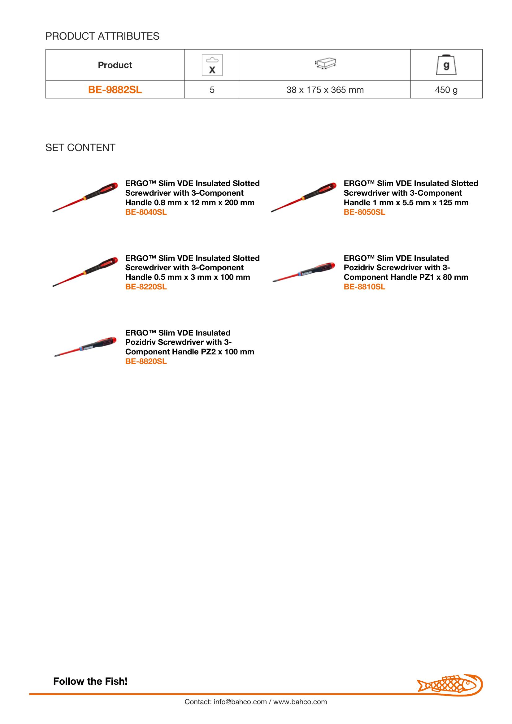 Bahco 5 pce Slim Line 1000v insulated screwdriver set. 3 x slotted - 0.5x3.0 x 75, 0.8 x 4.0 x 100, 1.0 x 5.5 x 125 2 x Pozidriv PZ 1 x 80, PZ 2 x 100 - Image 6