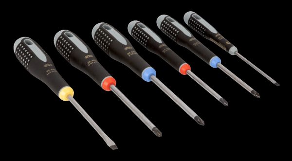 Bahco ERGO handled 6 piece Screwdriver Set. Set contains: 2 Slotted, 2 Phillips Head & 2 Pozidriv