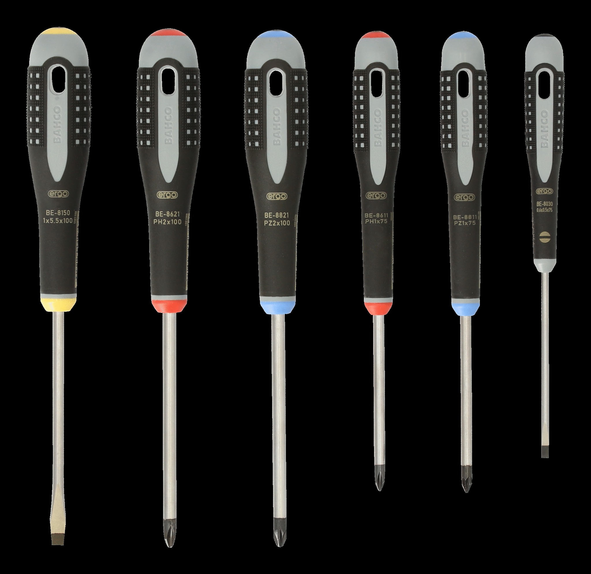 Bahco ERGO handled 6 piece Screwdriver Set. Set contains: 2 Slotted, 2 Phillips Head & 2 Pozidriv - Image 2