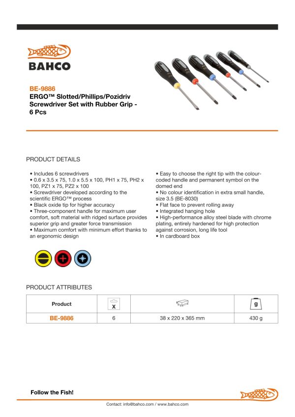 Bahco ERGO handled 6 piece Screwdriver Set. Set contains: 2 Slotted, 2 Phillips Head & 2 Pozidriv - Image 5