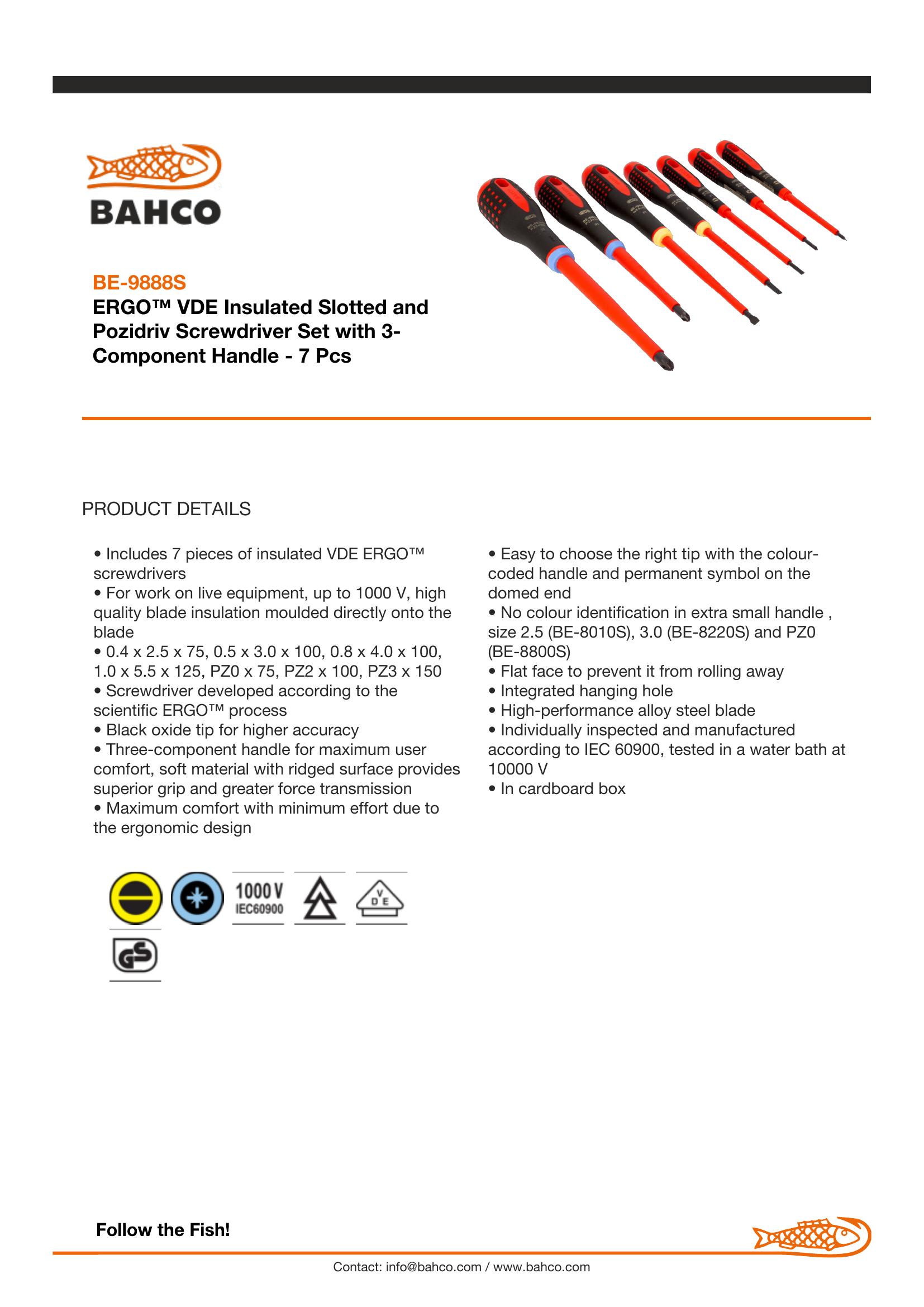 Bahco ERGO handled 7 piece 1000v Screwdriver Set. Set contains: 4 Slotted & 3 Pozidriv - Image 5