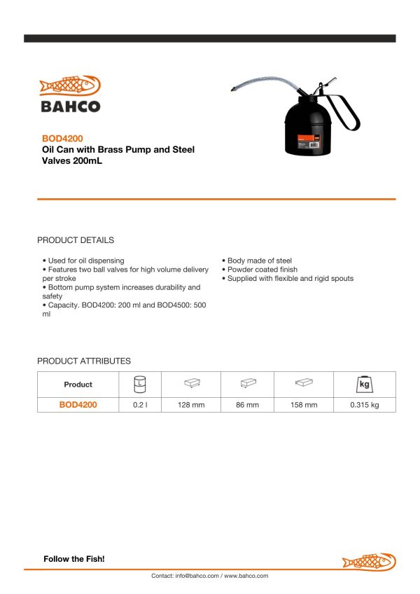 Bahco Oil Can with Brass Pump and Steel Valves 200mL - Image 3