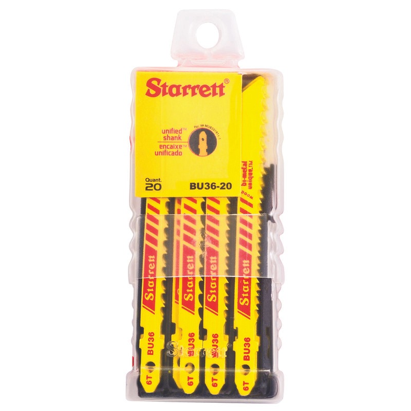 Starrett Jig Saw Blades - Unified Shank 75mm x 7.5mm x 1.3mm x 6TPI Skip Tooth (20 P BU36-20 Wood Cutting Jig Saw Blade