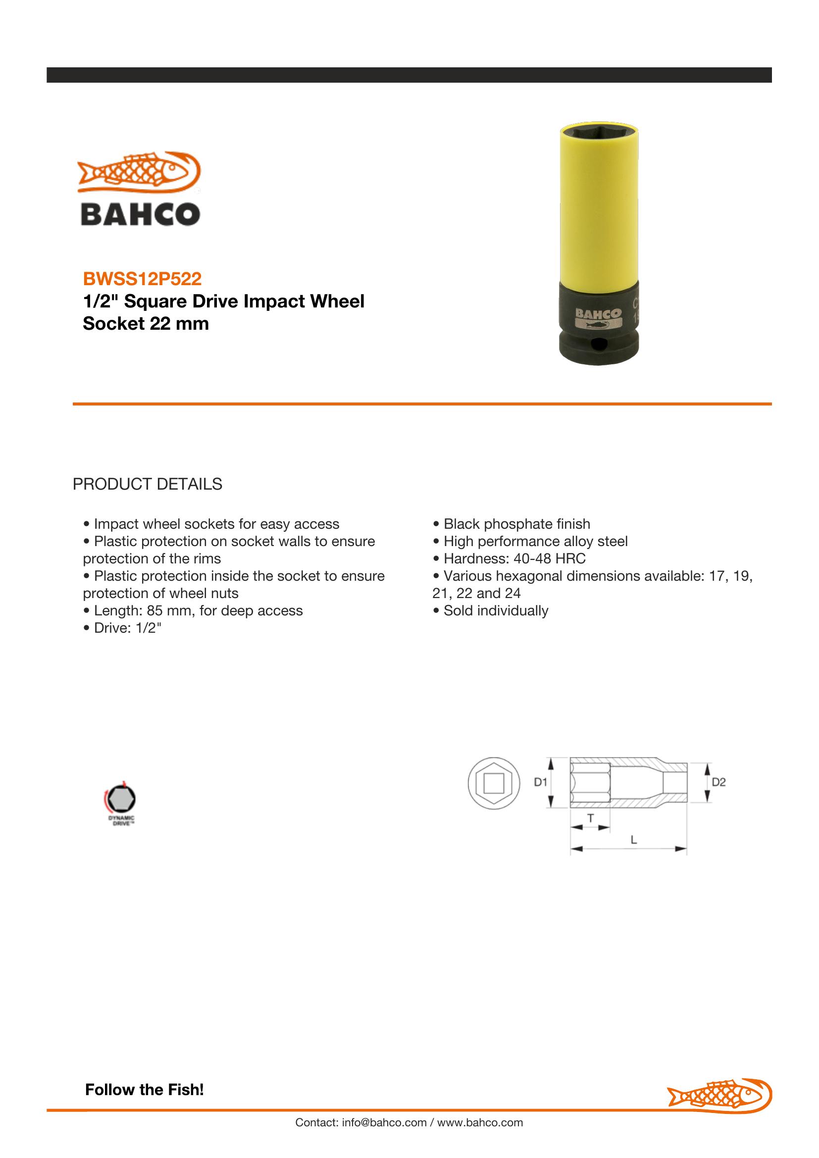 Bahco 1/2" Square Drive Impact Wheel Socket 22 mm - Image 2