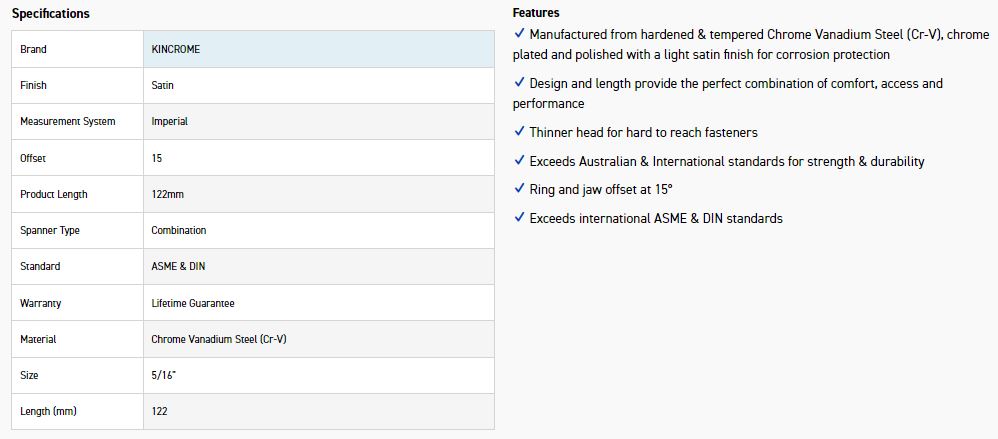 KINCROME C10C 5/16 COMBO SPANNER (SATIN) - Image 3