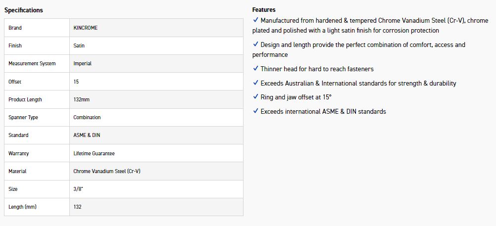 KINCROME C12C 3/8 COMBO SPANNER (SATIN) - Image 3