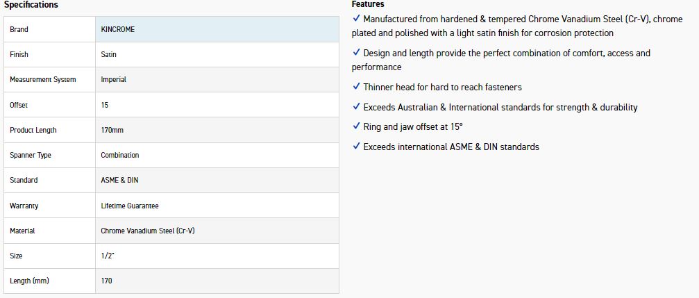 KINCROME C16C 1/2 COMBO SPANNER (SATIN) - Image 3
