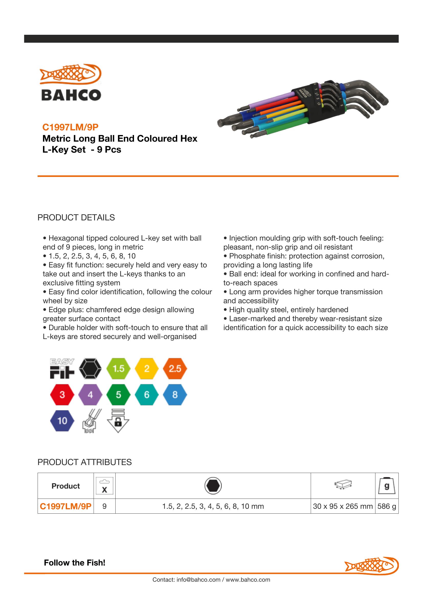 Bahco Metric Long Ball End Coloured Hex L-Key Set 1.5 mm-10 mm - 9 Pcs - Image 6