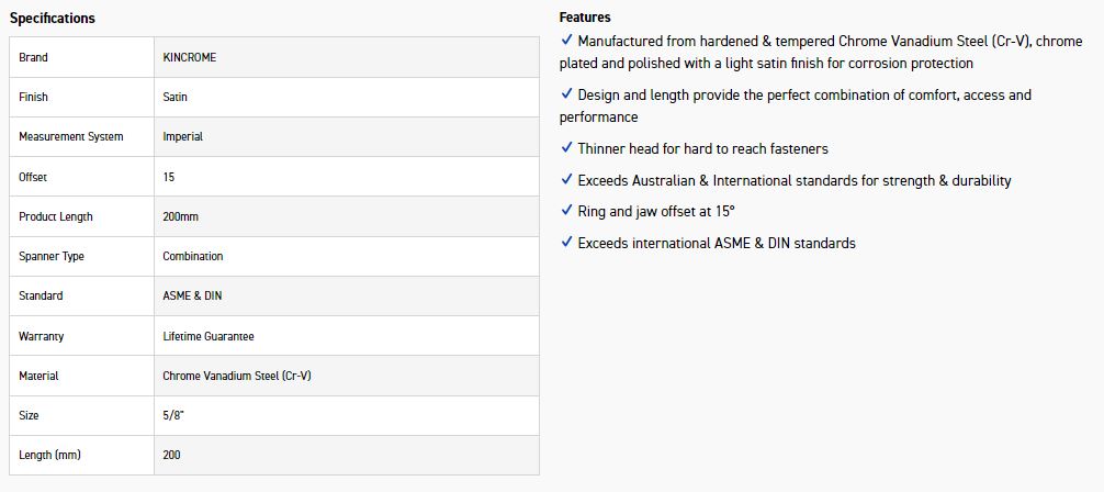 KINCROME C20C 5/8 COMBO SPANNER (SATIN) - Image 3