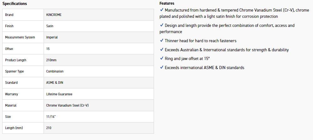 KINCROME C22C 11/16 COMBO SPANNER (SATIN) - Image 3