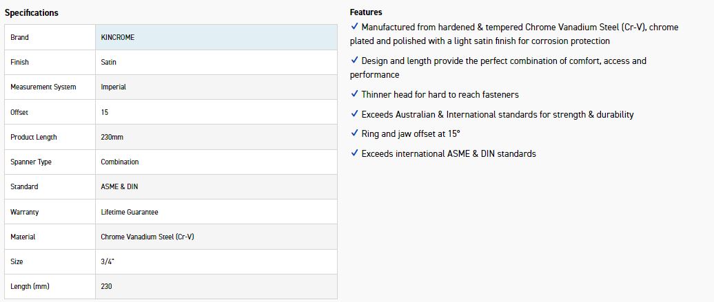 KINCROME C24C 3/4 COMBO SPANNER (SATIN) - Image 3