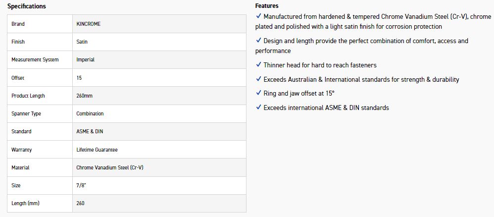 KINCROME C28C 7/8 COMBO SPANNER (SATIN) - Image 3