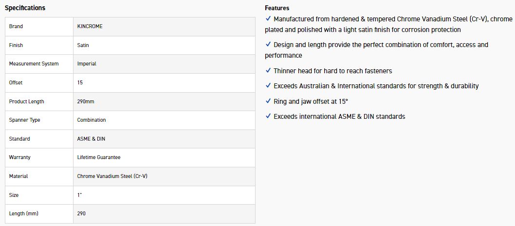 KINCROME C32C 1 COMBO SPANNER (SATIN) - Image 3