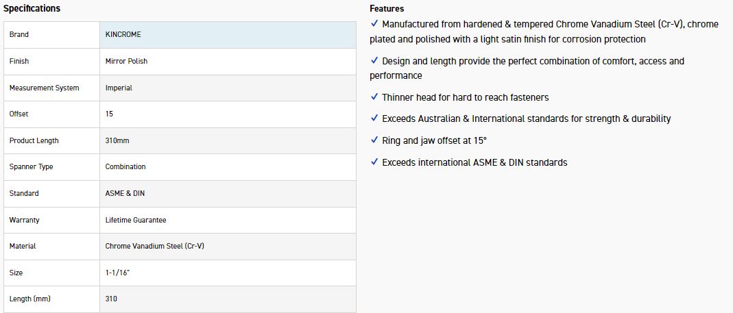 KINCROME C34C 1.1/16 COMBO SPANNER (MP) - Image 2