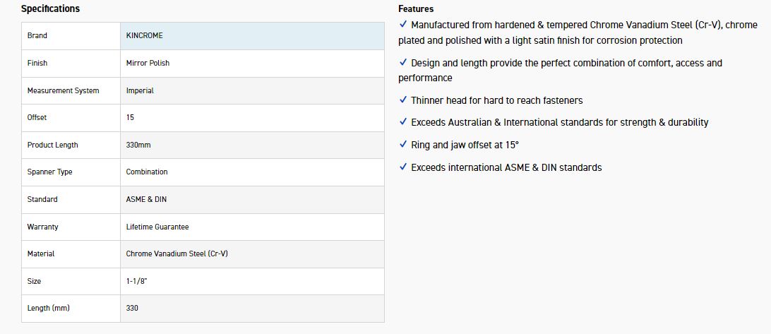 KINCROME C36C 1.1/8 COMBO SPANNER (MP) - Image 2