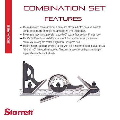 Starrett Combination Set 12in 4R Grad w/Standard Letter of Certification C434-12-4R W/SLC Combination Set with SLC, Square, Center and Reversible Protractor Head - 12"Blade Length, Forged and Hardened Steel Heads, 4R Graduation Type - Image 2